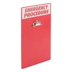 Plastic clipboard with overall dimensions of 17 in height, 9 1/2 in width, and 4 1/2 in depth. Provides a portable writing surface for documenting emergency procedures, safety checklists, and incident reports in industrial environments.
