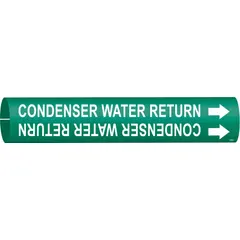 Snap-on pipe marker for identifying condenser water return lines. Green background with white legend and directional arrows. Fits pipe outer diameters of 4 to 6 inches. Supplied as a single marker.