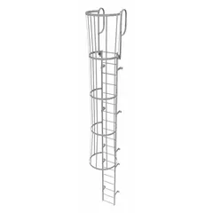 Steel fixed ladder with safety cage for permanent vertical access. Overall width 18 in, 19 rungs. Used for industrial maintenance, rooftop equipment servicing, and tank or silo inspection in factories, warehouses, and utility plants.
