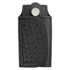 This leather key holder features a basket weave pattern and measures 4 1/2 inches by 65 mm. It secures keys with a hook-and-loop closure. Suitable for organizing keys in personal, commercial, or industrial settings such as facility maintenance or security operations.