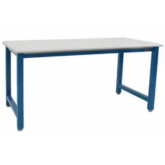 Fixed-height workstation with a blue laminate top measuring 60 inches by 36 inches. Open-base design supports an overall load capacity of 6,600 lb. Suitable for industrial assembly, maintenance, and testing tasks in manufacturing plants, warehouses, and workshops.