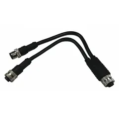 This Y-style T-coupler converts an M12 connection to an M12 plug, allowing signal splitting or combining in sensor and actuator networks. Rated IP65/IP67, it resists dust and water ingress. Current rating is 2 A/4 A.