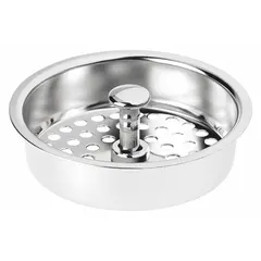 This sink drain strainer is constructed of stainless steel with a chrome finish in silver. It has a 4-1/2 in overall diameter and 1-1/4 in overall height, with a drop-in connection type. Designed to catch food scraps and debris while allowing water to flow through, it is suitable for standard sink drain openings in residential and commercial settings.