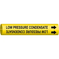 Yellow snap-on pipe marker with black legend reading 'Low Pressure Condensate' and directional arrows. Fits pipe outer diameters from 1-1/2 to 2-3/8 inches. Used to identify low pressure condensate lines in industrial piping systems