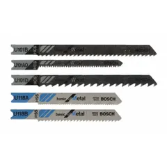 This 5-piece U-shank jig saw blade set includes models U101B, U118A, U118B, U144CD, and U19BO with tooth counts ranging from 4 to 20 per inch. Suitable for cutting wood, metal, and plastic materials with compatible jigsaws.