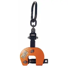 Steel manual plate-lifting clamp with load ring and chain attachment. Supports vertical lift with 180° flip operation. Working load limit 1,000 lb. Used for lifting and rotating steel plates in industrial fabrication and assembly.