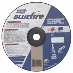 This NORTON BlueFire ZA Type 27 combination wheel is designed for cutting and grinding carbon steel and stainless steel. The 24-grit zirconia alumina construction provides fast material removal and extended service life in metal fabrication, maintenance, and repair applications.