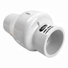 PVC inline spring-loaded swing check valve with 1-1/2 in pipe size and socket x socket connections. Female connection type on both sides. Used to prevent backflow in piping systems for water, wastewater, and industrial fluid handling.
