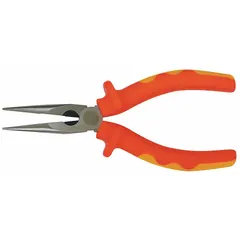 Insulated needle-nose pliers with 6 in overall length, 2 in jaw length, 1/8 in tip width, and 1 1/8 in max jaw opening. Designed for electrical work requiring protection from shock, with pulling points for wire manipulation. Suitable for precise gripping and bending in confined spaces.