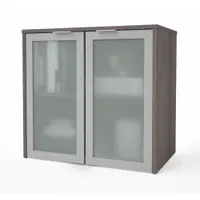 Laminate particle-board desk hutch in Bark Grey finish. Overall width 30 1/10 in, overall length 18 1/5 in. Adds vertical storage to workbenches or desks in industrial offices, control rooms, or maintenance areas