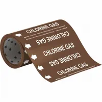 Brown adhesive pipe marker with white legend reading 'Chlorine Gas' and directional arrows. Designed for pipes with outside diameter of 2 inches and smaller. Each roll contains 30 markers for identifying chlorine gas lines in industrial piping systems