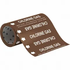 Brown adhesive pipe marker with white legend reading 'Chlorine Gas' and directional arrows. Designed for pipes with outside diameter of 2 inches and smaller. Each roll contains 30 markers for identifying chlorine gas lines in industrial piping systems.