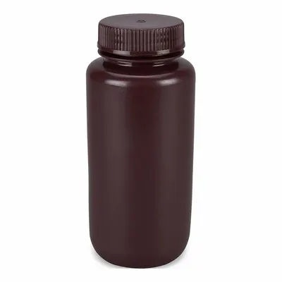 GLOBE SCIENTIFIC Dispensing Bottle: HDPE, 500 mL, 16.9 fl oz, Closure Included, Amber - HDPE Wide Mouth Round Lab Bottles
