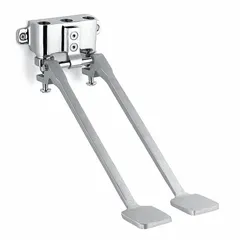 Brass foot pedal valve assembly with chrome finish and 1/2 in NPT connection. Overall width 5 3/4 in. Universal fit for hands-free faucet operation in commercial or industrial settings.