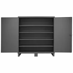 Welded steel cabinet with gray powder-coated finish. Includes four adjustable shelves and legs. Swing handle with padlock hasp for security. Suitable for storage of tools, parts, and equipment in warehouses, factories, and workshops.