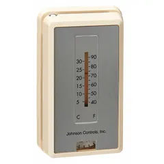 This pneumatic thermostat provides single-temperature control for HVAC systems. It features direct action and a temperature control range of 12° to 28°C. Designed for vertical mounting, it includes a cover and has a 1 pipe, low volume air flow output. Suitable for zone temperature regulation in commercial buildings.