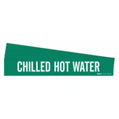 Green pipe marker with white legend text reading 'Chilled Hot Water'. Designed for pipes with an outside diameter of 8 inches and larger. Each pack contains 5 markers without arrows. Used to identify piping systems carrying chilled or hot water in industrial facilities.