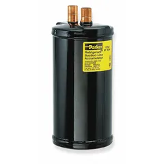 Steel shell suction line accumulator with copper 3/4 in sweat connection and metering orifice. Capacity 6.13 lb, height 9.62 in, diameter 5 in. Used in refrigeration and HVAC systems to protect compressors from liquid slugging by temporarily storing excess liquid refrigerant and oil.