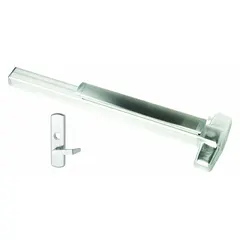 This VON DUPRIN mortise exit device features a touchbar style for push-pad operation, suitable for doors up to 3 ft wide. It includes a lever outside trim and a chrome finish. The device is ADA compliant, meeting accessibility requirements for commercial egress applications.