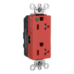 This LEVITON receptacle is a hospital grade, spec. decorator duplex outlet with NEMA 5-20R configuration. Rated 125V AC and 20 A, it features a red housing. Suitable for general purpose use in commercial and institutional settings requiring a durable, tamper-resistant design.