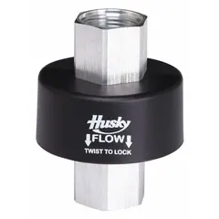 This reconnectable breakaway connector features an aluminum body with 1-inch female NPT inlet and discharge, compatible with diesel. It is designed for use in fuel dispensing systems to automatically disconnect if a vehicle drives away, preventing hose damage and fuel spills.