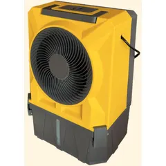 Portable evaporative cooler operating on 110V AC with a 5-15P plug, delivering 900 cfm of airflow. Suitable for cooling spaces such as workshops, garages, and warehouses where traditional air conditioning is not feasible.