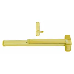 Rim-type exit device with touchbar style for doors up to 3 ft wide. Brass finish with dummy pull outside trim. ADA compliant. Suitable for commercial egress applications.