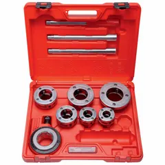 This ratcheting pipe threading kit includes six die heads and six dies for cutting NPT threads on steel pipe. It features Super Cut technology for cleaner threads and covers a threading range of 1/2 in to 2 in. Suitable for plumbing, gas line, and industrial piping applications requiring a portable manual threading solution.