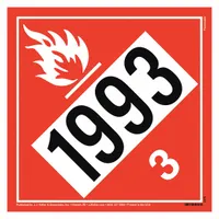 This placard measures 10 3/4 in x 10 3/4 in with a label height of 10 3/4 in and displays the message 'Flammable Liquid UN 1993'. It is used to mark containers such as drums or totes during transport to indicate Class 3 flammable liquids, aiding in hazard communication for shipping compliance