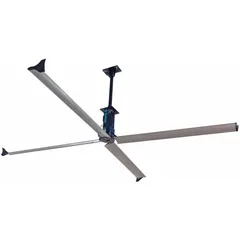Industrial HVLS ceiling fan from the STEP series with a 14 ft blade diameter. Operates on 230V AC single-phase power at 8.7 A, delivering 107,528 cfm airflow. Features variable speed control. No light kit included. Suitable for large commercial and industrial spaces such as warehouses, distribution centers, and manufacturing plants.