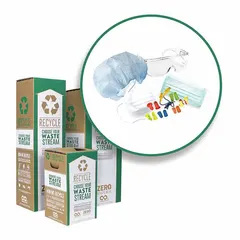 This all-in-one prepaid recycling box is designed for collecting and recycling beard nets. It measures 20 inches in length and 11 inches in width. The box excludes material contaminated with hazardous substances. Suitable for use in facilities where single-use PPE is used.