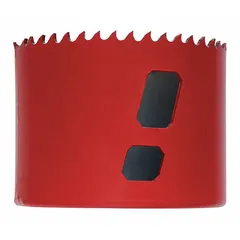 Bi-metal hole saw for cutting wood, metal, and plastic. Features 2 9/16 in diameter, 5/6 teeth per inch, and 1 7/8 in maximum cutting depth. Requires separate arbor with 5/8 in-18 thread connection.