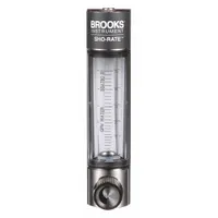 This panel-mount variable area flowmeter from BROOKS is designed for measuring water flow in liters. It features a scale display, vertical mounting orientation, and FNPT connections. The unit includes a flow rate adjustment knob and Viton seals and O-rings. Accuracy is +/-5%