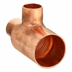 Wrot copper tee with cup x cup x cup ends for sweat (solder) connections. Used to branch a 1 in line from a 1 1/2 in main in copper tubing systems for water, gas, or process piping.