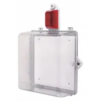 Clear polycarbonate wall-mount guard for indoor use, designed to protect fire alarm control panels or other electronic products from vandalism and damage. Overall depth 14 3/16 in. Includes mounting hardware for surface mounting