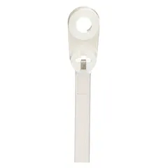 Screw mount cable tie with a 0.25 in mounting hole for permanent attachment to flat surfaces. Natural nylon, 0.27 in wide, with a nominal maximum bundle diameter of 4 in. Supplied in a 50-piece pack for securing and organizing cables in control panels and enclosures.