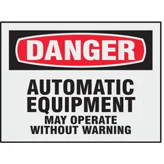 This adhesive sign alerts personnel to the hazard of automatic equipment that may operate without warning. Supplied as an 8-pack, it is not retroreflective and not glow-in-the-dark, suitable for indoor or controlled-light environments where high visibility is not required.