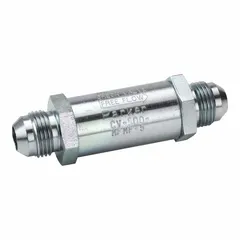Steel check valve rated for 3000 psi and 65 gpm, with 1 1/16 in JIC 37° Flare connections on both ends. Allows unidirectional flow in hydraulic systems, preventing backflow in high-flow applications such as mobile equipment, presses, and machine tools.