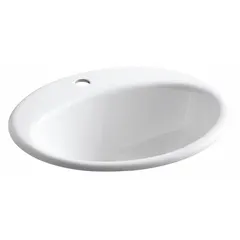 This KOHLER countertop bathroom sink is made of cast iron with a white finish. It measures 19 1/4 inches in length and 16 1/4 inches in width, featuring one faucet hole. Suitable for residential or commercial washroom installations where a durable, easy-to-clean surface is required.