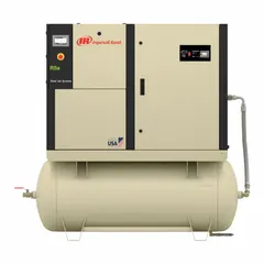 This horizontal rotary screw air compressor delivers 20 hp and 81 cfm of compressed air, stored in a 120-gallon tank. It operates on 460V AC three-phase power. Suitable for continuous-duty industrial applications such as powering pneumatic tools, machinery, and process air systems.