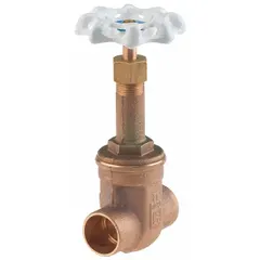 This 1/2 in rising stem bronze gate valve is designed for potable water systems. It features sweat x sweat connections, a 300 psi CWP rating, and a solid wedge with a wheel handle. The bronze wedge and bonnet ensure corrosion resistance in residential and commercial plumbing applications.