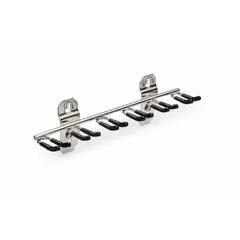 This surface-mount toolholder is designed for square-hole pegboard. It features a stainless steel construction with a vinyl-coated black finish. The holder includes ABS retainers to secure writing instruments. With a hook depth of 1 1/2 in, it accommodates one tool.
