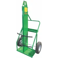 Side-by-side hand truck for transporting two welding cylinders. Green finish, 24 in W x 13 in D nose plate, Perma Clamp securing mechanism. Used in industrial settings for moving heavy cylinders