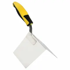 This outside-corner drywall trowel features a stainless steel blade with a 4-inch width and 12-inch length. It is used for applying and smoothing joint compound on outside corners during drywall finishing.
