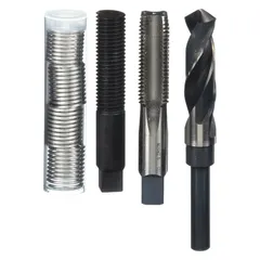 This thread repair kit includes helical inserts made from 18-8 stainless steel and an STI tap for M20-2.50 coarse metric threads. The free-running, tanged tang style inserts are used to restore damaged internal threads in metal components. The kit has a plain finish and is suitable for general industrial maintenance and repair applications.