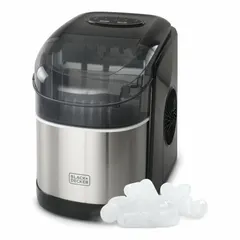 This countertop ice machine produces 26 lb of ice per day and is air cooled. It operates on 120V AC, measures 13 inches in height and 9 1/2 inches in width, and includes an ice scoop. Push-button controls provide simple operation. Suitable for small-scale commercial or residential use in offices, break rooms, or light hospitality settings.