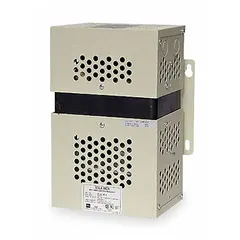 Single-phase panel-mount power conditioner with 500 VA apparent power rating and 500 W output. Accepts input voltages of 120/208/240/480V AC and delivers regulated 120/240V AC output at up to 4.2 A. Hardwired connection. Suitable for protecting sensitive equipment from voltage fluctuations and electrical noise in industrial control panels and automation systems.