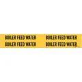 Yellow adhesive pipe marker with black legend reading 'Boiler Feed Water'. Designed for pipes with outer diameters from 3/4 to 2-3/8 inches. Set includes 4 markers without arrows. Used to identify boiler feed water lines in industrial piping systems.