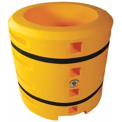 Yellow LLDPE column protector designed for 21-inch square and 30-inch round columns, also fits 21-inch I-beam columns. Provides impact protection for structural columns in industrial facilities such as warehouses and manufacturing plants.