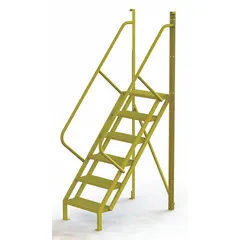 This steel base ladder and stair unit is used for industrial access applications such as warehouses, factories, and maintenance facilities. It features a yellow finish and measures 30 inches wide by 20 inches deep.